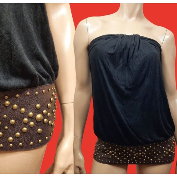 Y2K Studded Top Black Strapless Brown Faux Belt Size XS Goth Grunge Fairy Gyaru - Picture 8 of 8